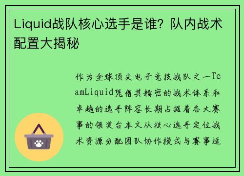 Liquid战队核心选手是谁？队内战术配置大揭秘